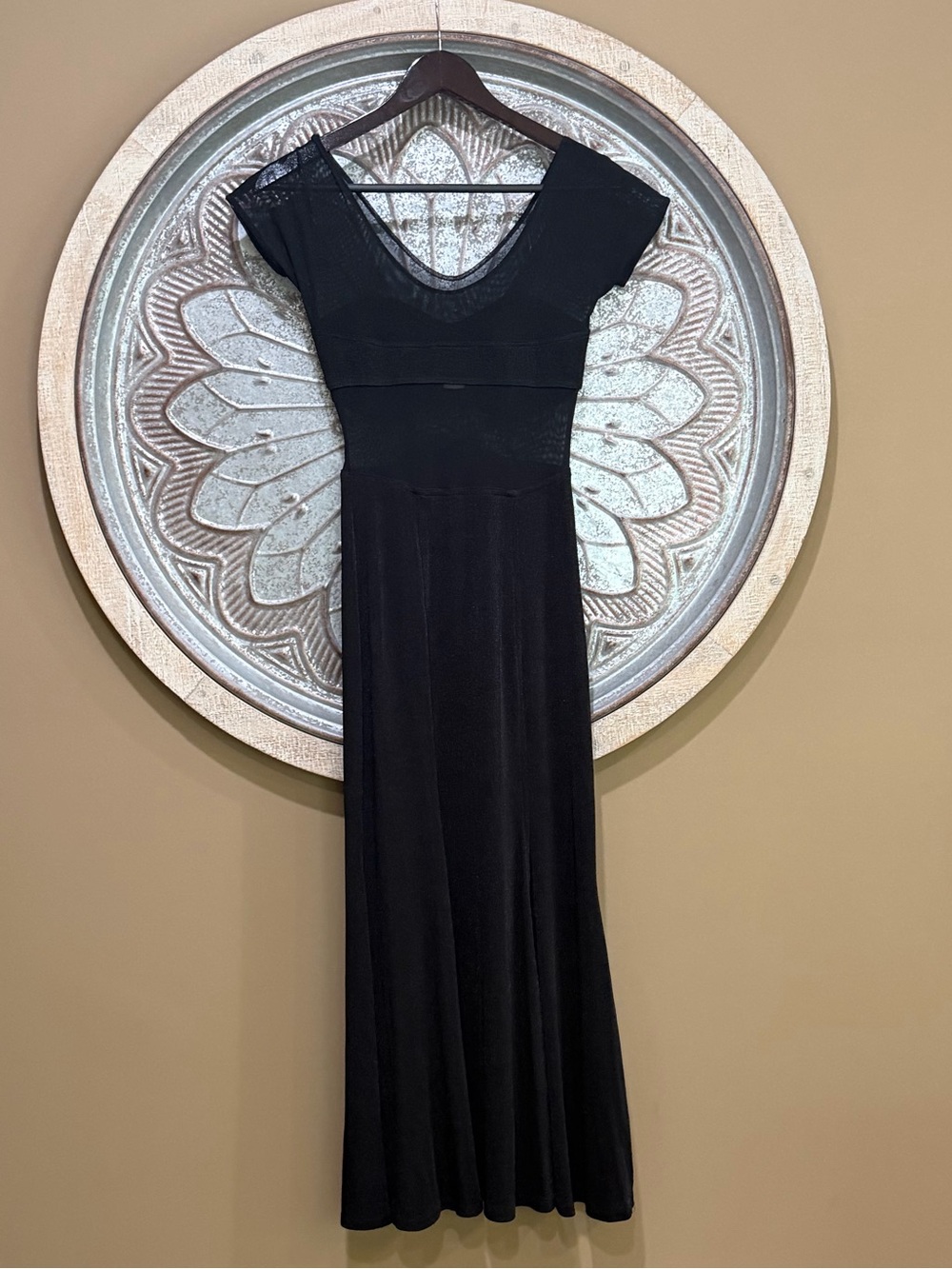 Vintage 90s Off-Shoulder Black Fishtail Mermaid Midi Dress W/ Sheer Mesh Panels - Picture 5 of 8